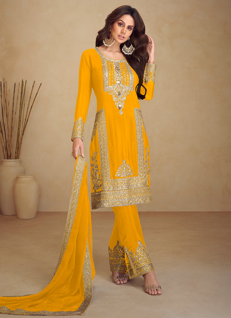 Chinon Yellow Festival Wear Embroidery Work Readymade Salwar Suit 385861