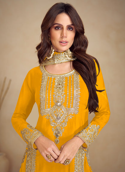 Chinon Yellow Festival Wear Embroidery Work Readymade Salwar Suit 385861