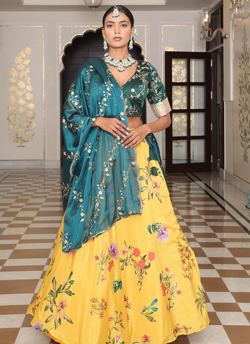 Chinon Yellow Ocassional Wear Embroidery Work Lehenga Choli 386076