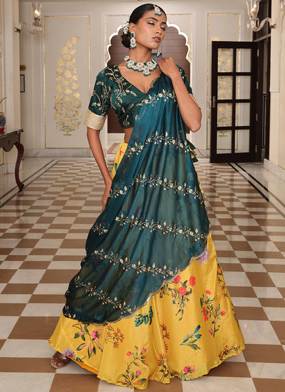 Chinon Yellow Ocassional Wear Embroidery Work Lehenga Choli 386076