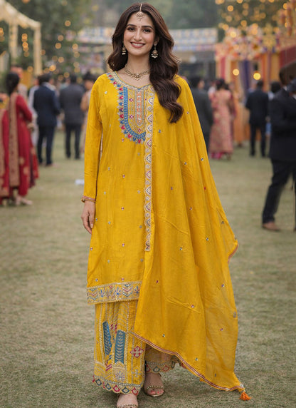 Yellow Chinon Embroidery Work Occasional Wear Readymade Plazzo Suit SW645361