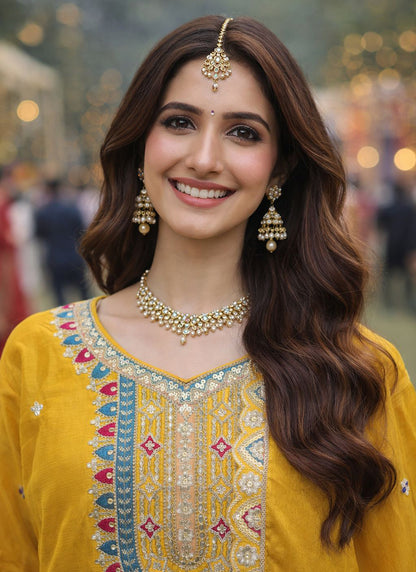 Yellow Chinon Embroidery Work Occasional Wear Readymade Plazzo Suit SW645361
