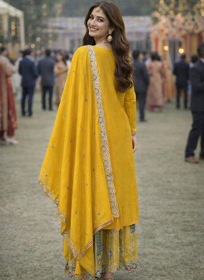 Yellow Chinon Embroidery Work Occasional Wear Readymade Plazzo Suit SW645361