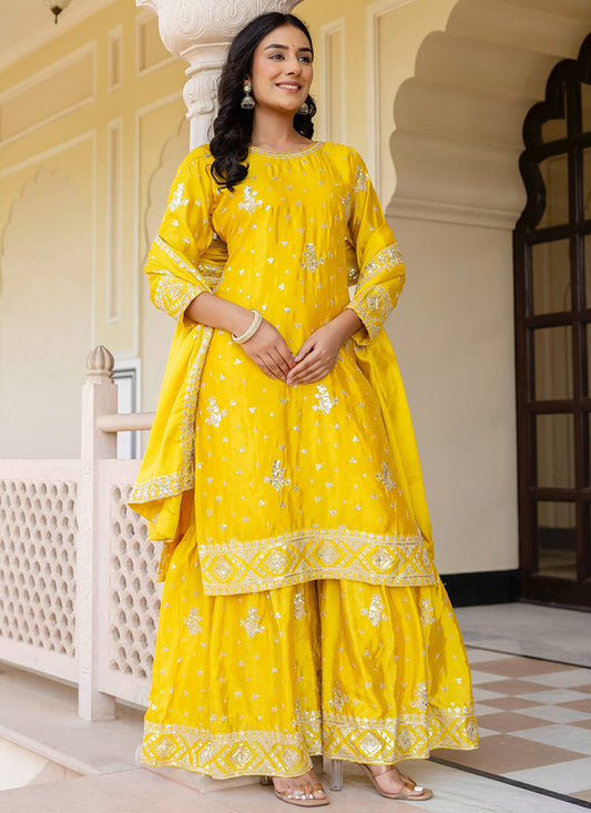 Yellow Chinon Silk Sequins Work Festival Wear Readymade Sharara Suit SW679380