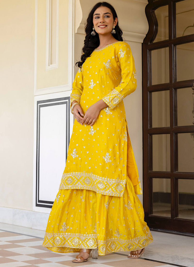 Yellow Chinon Silk Sequins Work Festival Wear Readymade Sharara Suit SW679380