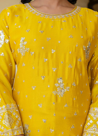 Yellow Chinon Silk Sequins Work Festival Wear Readymade Sharara Suit SW679380