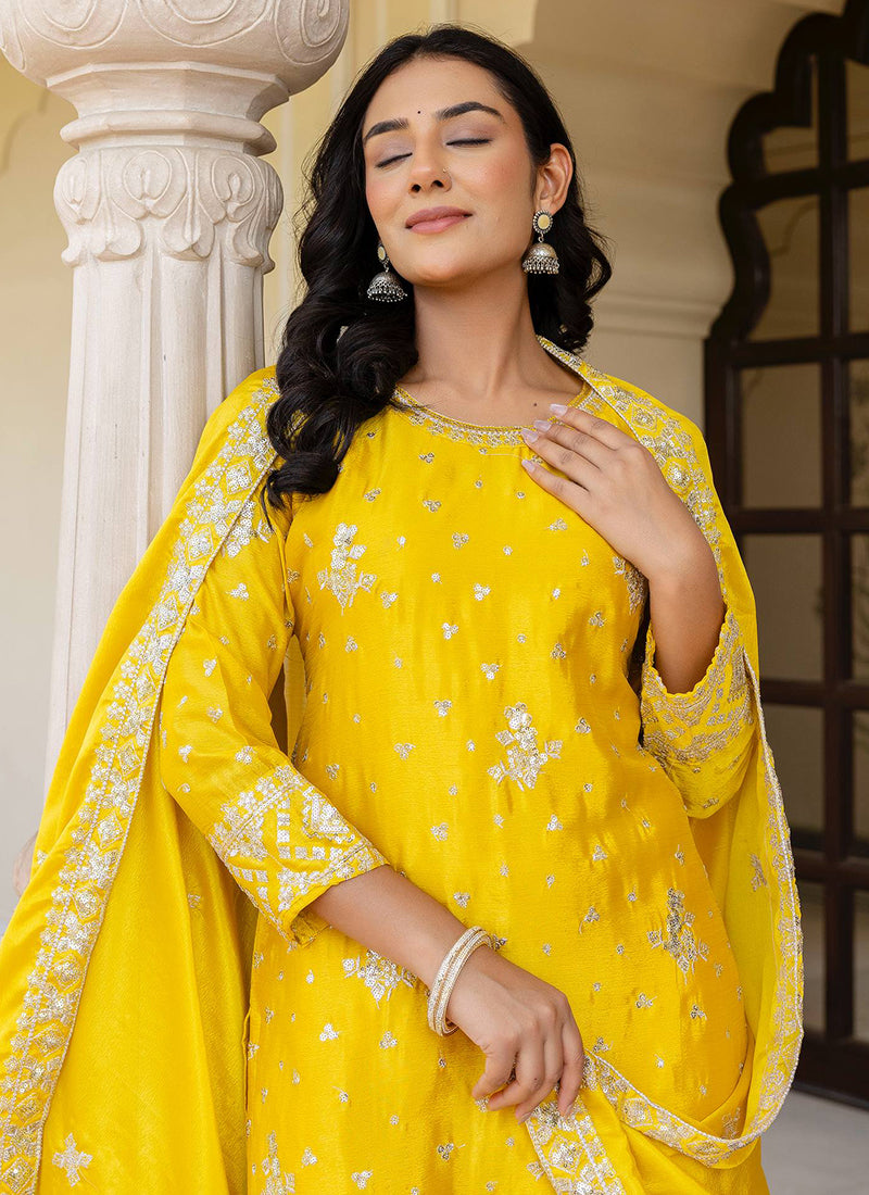 Yellow Chinon Silk Sequins Work Festival Wear Readymade Sharara Suit SW679380