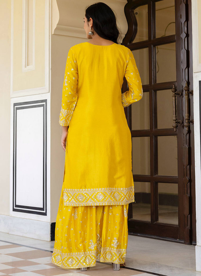 Yellow Chinon Silk Sequins Work Festival Wear Readymade Sharara Suit SW679380