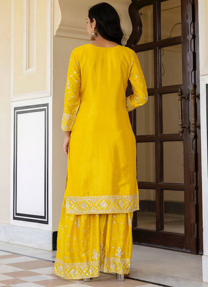 Yellow Chinon Silk Sequins Work Festival Wear Readymade Sharara Suit SW679380