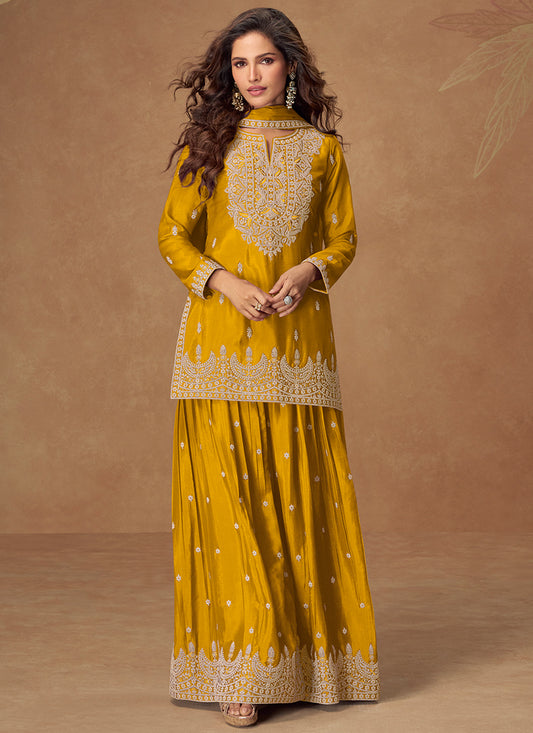 Yellow Chinon Silk Embroidery Work Occasional Wear Readymade Plazzo Suit SW416710