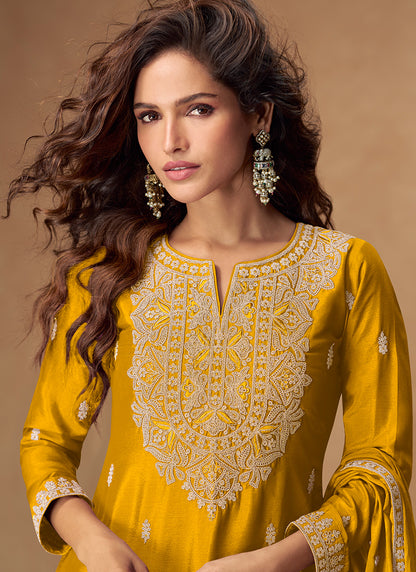 Yellow Chinon Silk Embroidery Work Occasional Wear Readymade Plazzo Suit SW416710