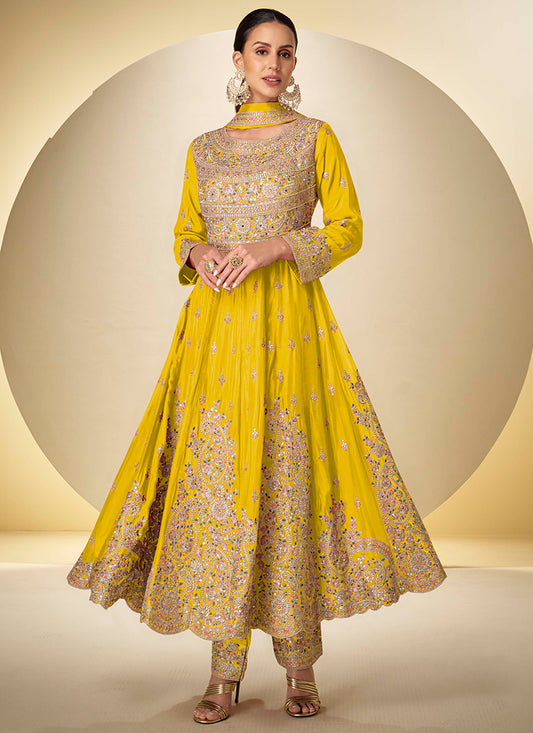 Chinon Yellow Wedding Wear Embroidery Work Readymade Ethnic Anarkali Suit 386688