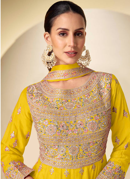 Chinon Yellow Wedding Wear Embroidery Work Readymade Ethnic Anarkali Suit 386688