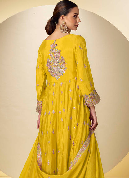 Chinon Yellow Wedding Wear Embroidery Work Readymade Ethnic Anarkali Suit 386688
