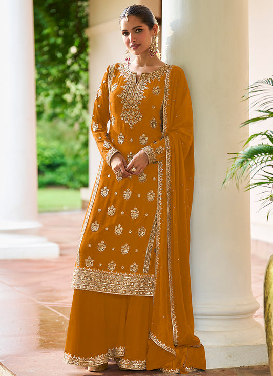 Yellow Chinon Sequins Work  Wedding Wear Readymade Plazzo Suit SW132328