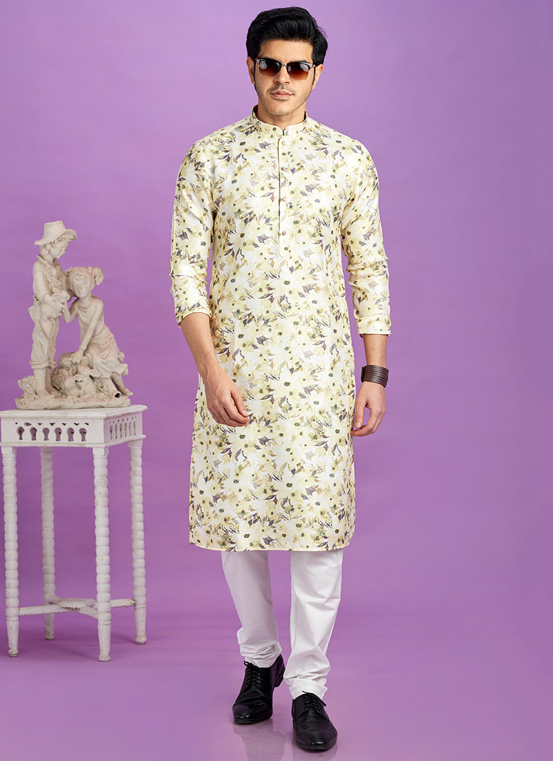 Yellow Cotton Pintux Work Festival Wear Readymade Kurta Pajama SW906184