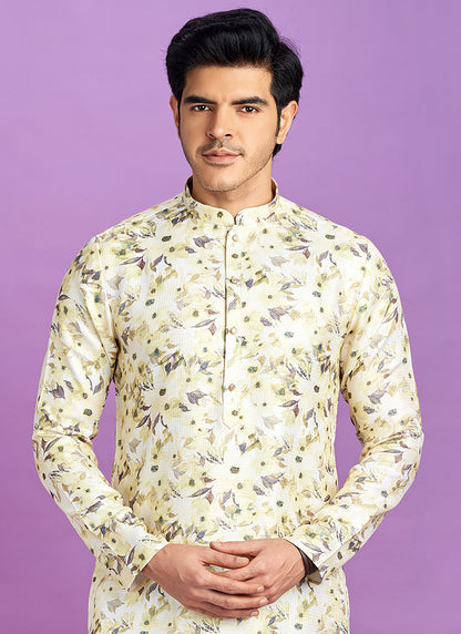 Yellow Cotton Pintux Work Festival Wear Readymade Kurta Pajama SW906184