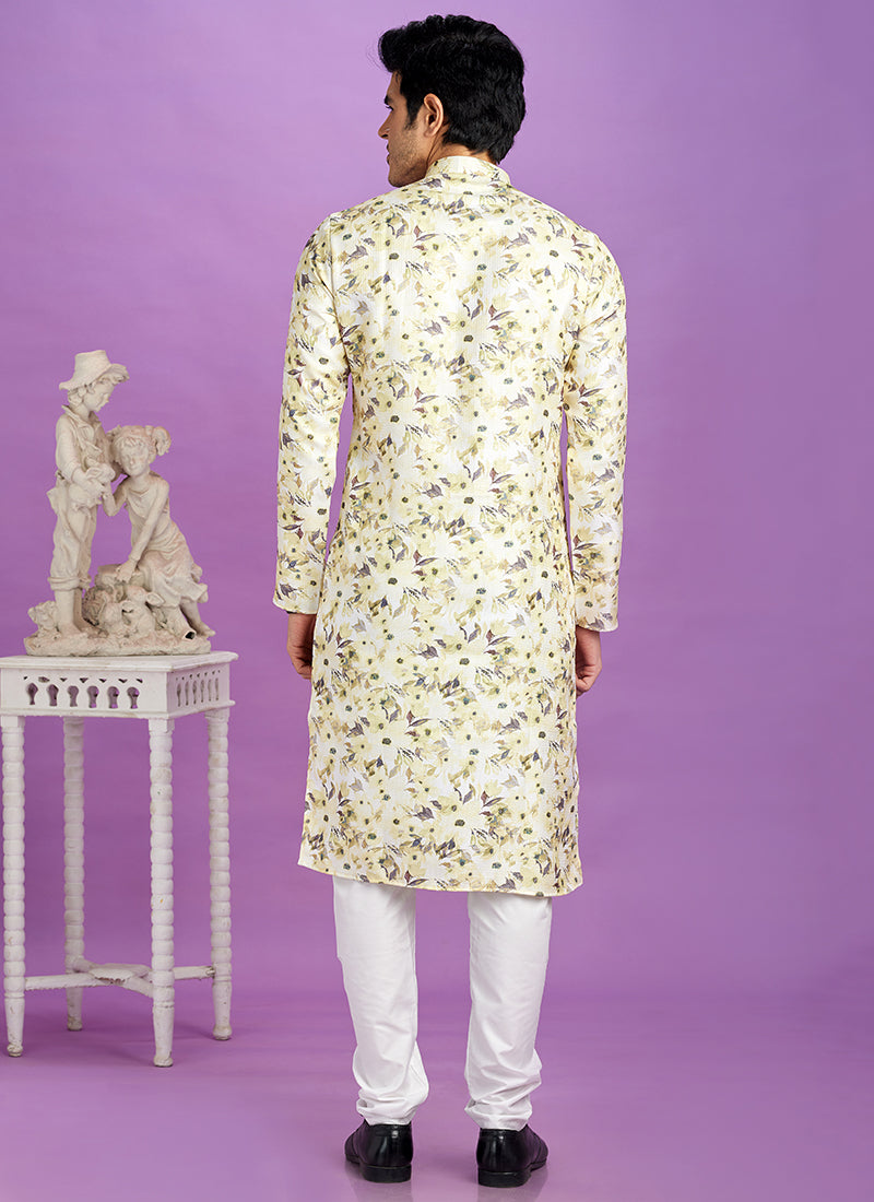 Yellow Cotton Pintux Work Festival Wear Readymade Kurta Pajama SW906184