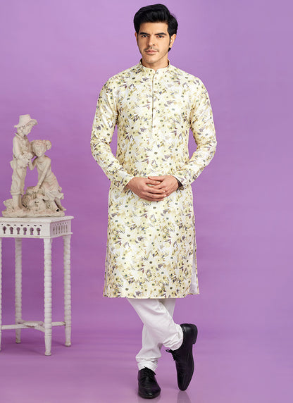 Yellow Cotton Pintux Work Festival Wear Readymade Kurta Pajama SW906184
