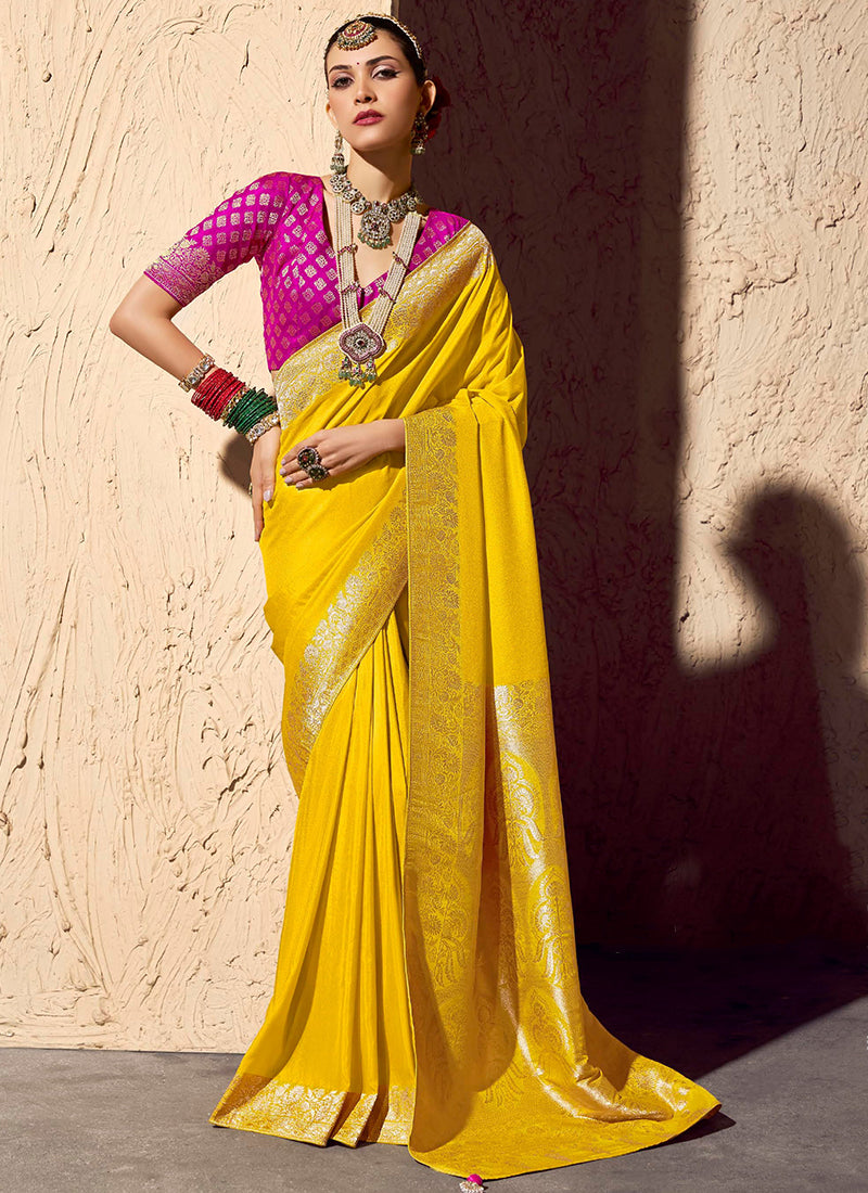 Crepe Georgette Yellow Party Wear Weaving Work Saree 386531