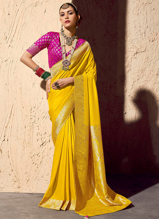 Crepe Georgette Yellow Party Wear Weaving Work Saree 386531