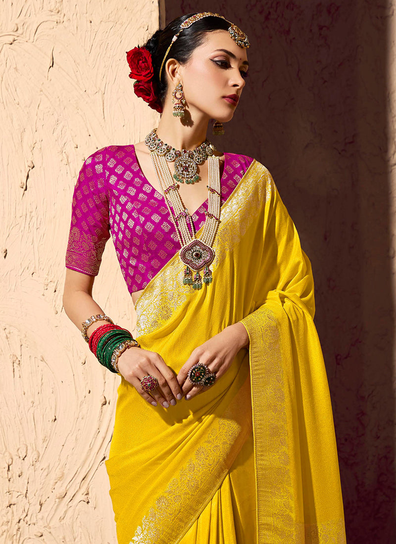 Crepe Georgette Yellow Party Wear Weaving Work Saree 386531
