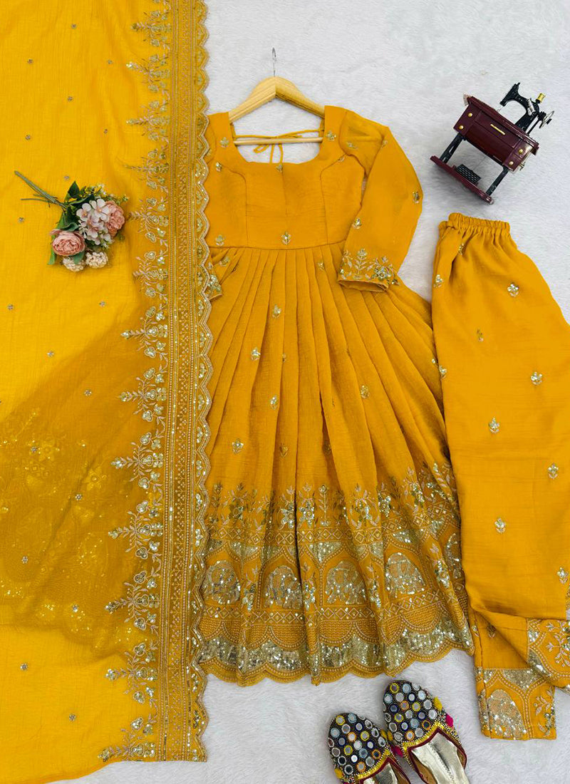 Yellow Crunchy Silk Sequins Work  Festival Wear Readymade Anarkali Suit SW299062