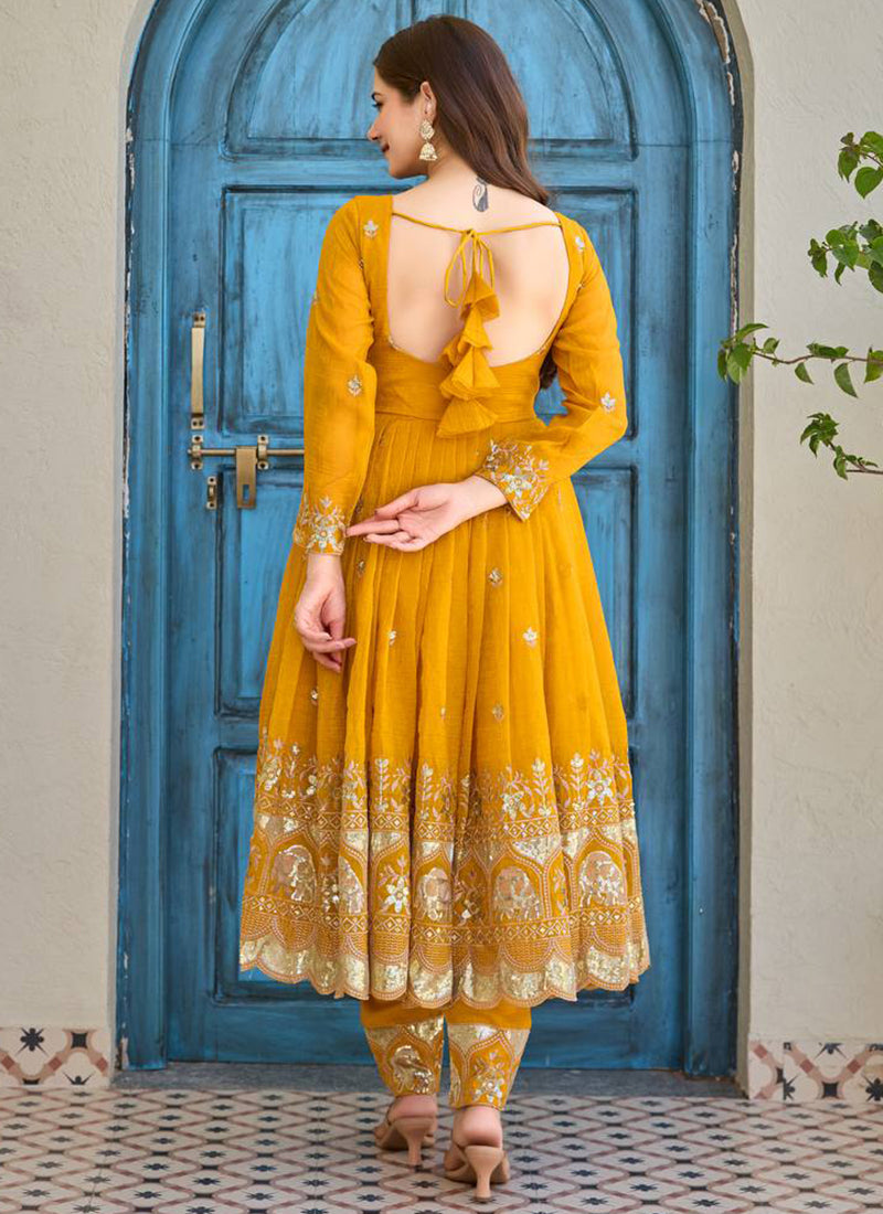 Yellow Crunchy Silk Sequins Work  Festival Wear Readymade Anarkali Suit SW299062