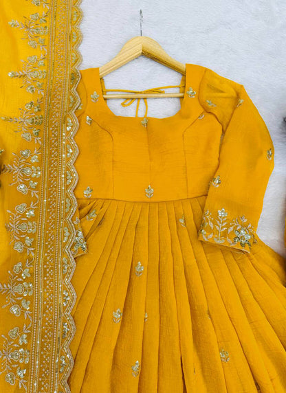 Yellow Crunchy Silk Sequins Work  Festival Wear Readymade Anarkali Suit SW299062
