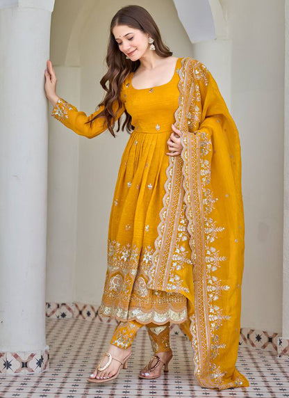 Yellow Crunchy Silk Sequins Work  Festival Wear Readymade Anarkali Suit SW299062