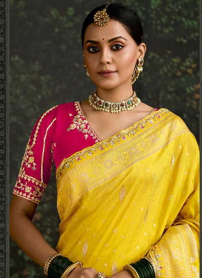 Yellow Dola Silk Embroidery Work Festival Wear Saree SW152342