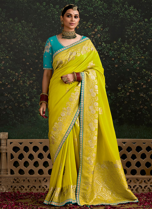 Yellow Dola Silk Embroidery Work Festival Wear Saree SW438853