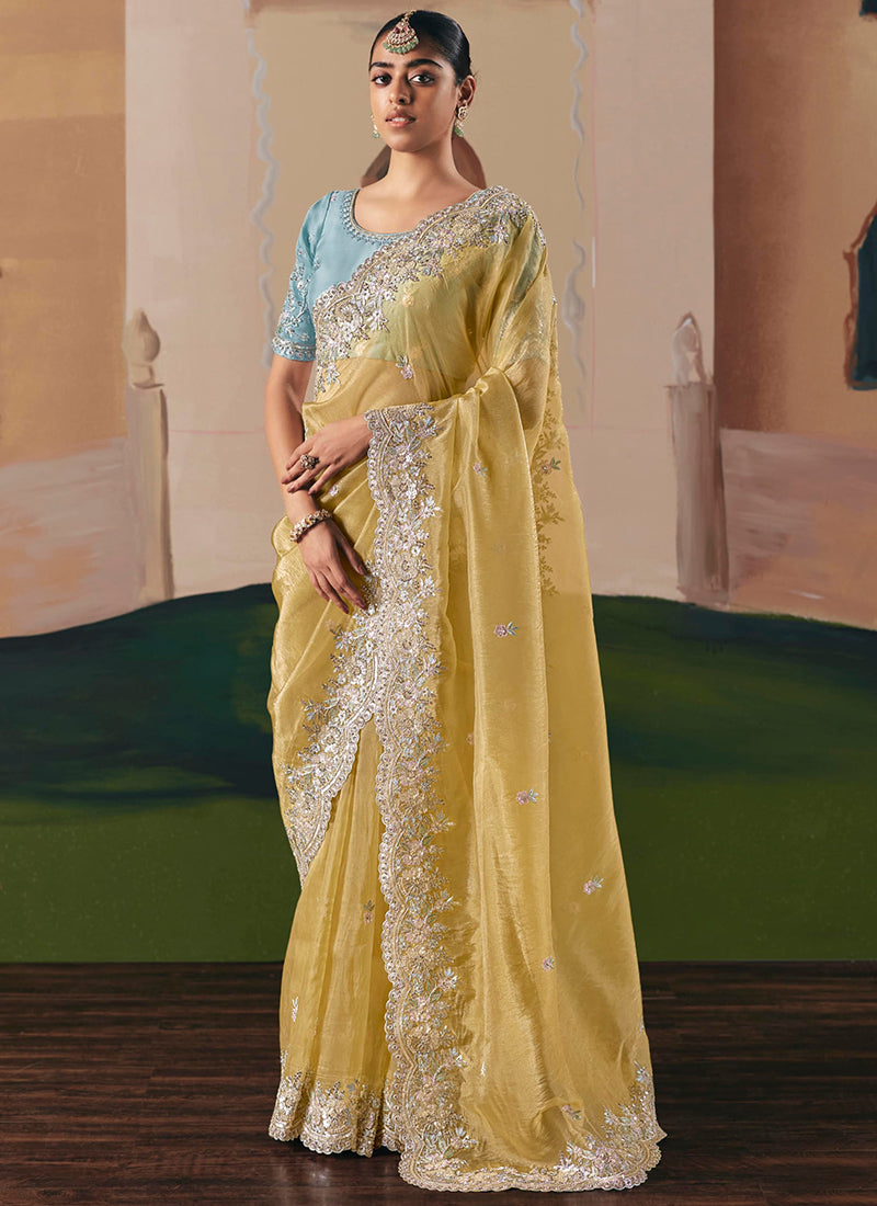 Fancy Fabric Yellow Saree with Embroidery Work for Wedding Wear 384688
