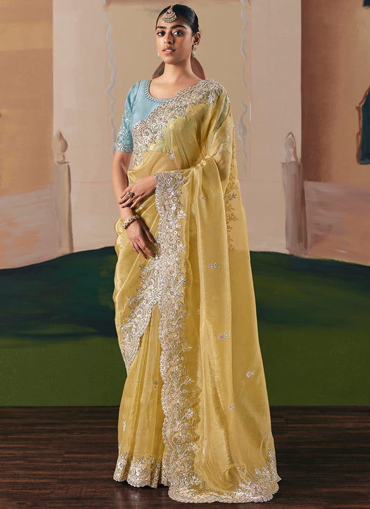 Fancy Fabric Yellow Saree with Embroidery Work for Wedding Wear 384688