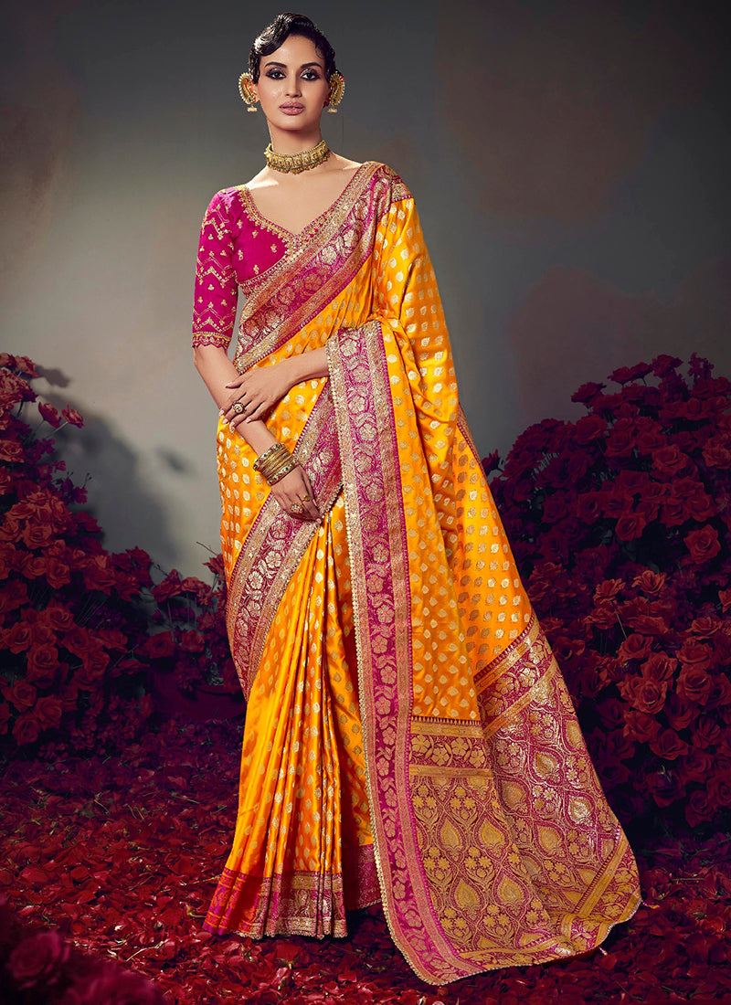 Fancy Fabric Yellow Wedding Wear Embroidery Work Saree 385864