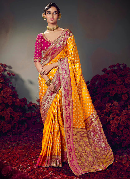 Fancy Fabric Yellow Wedding Wear Embroidery Work Saree 385864