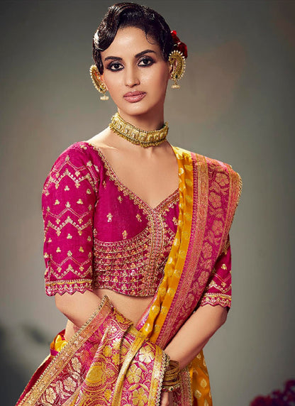 Fancy Fabric Yellow Wedding Wear Embroidery Work Saree 385864