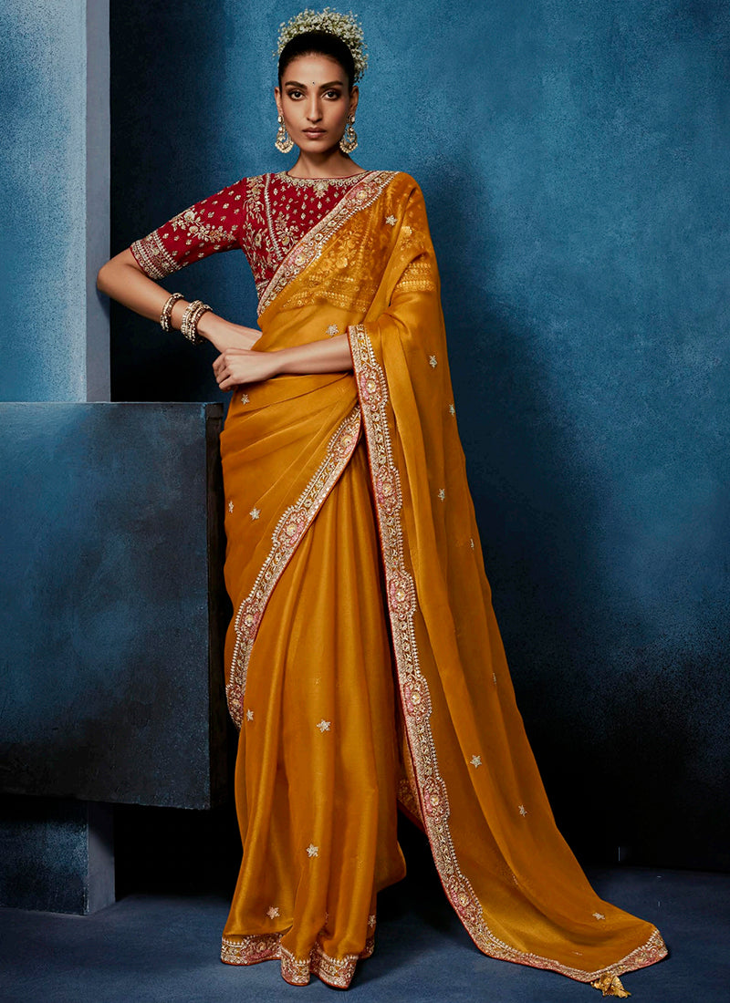 Yellow Fancy Silk Embroidery Work Wedding Wear Saree SW549371