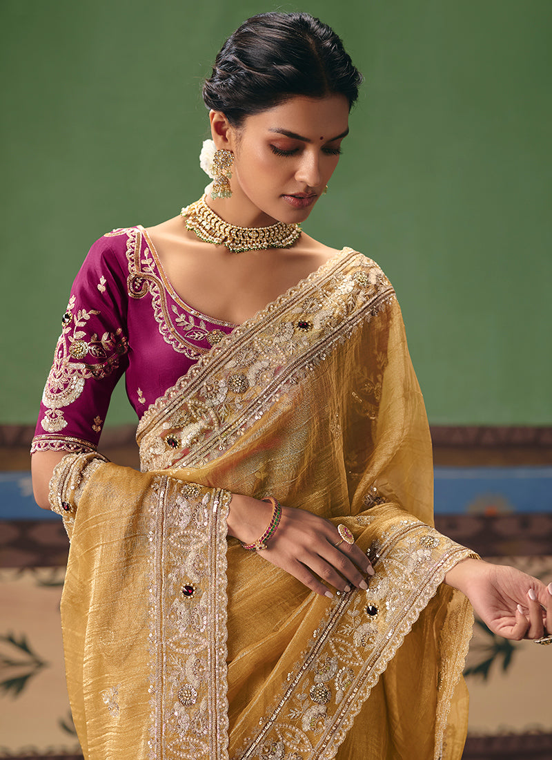 Yellow Fancy Embroidery Work Wedding Wear Saree SW923392