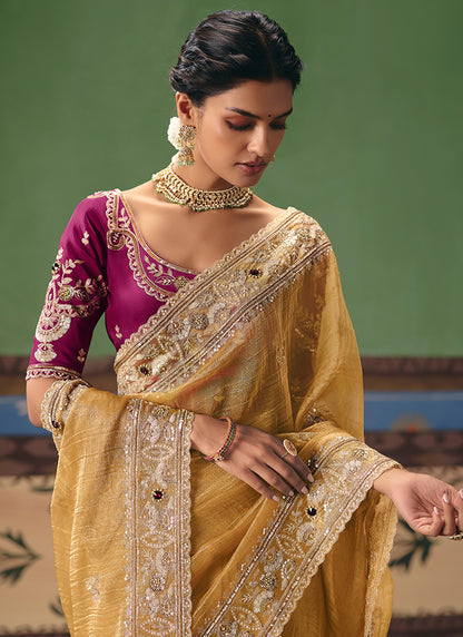 Yellow Fancy Embroidery Work Wedding Wear Saree SW923392