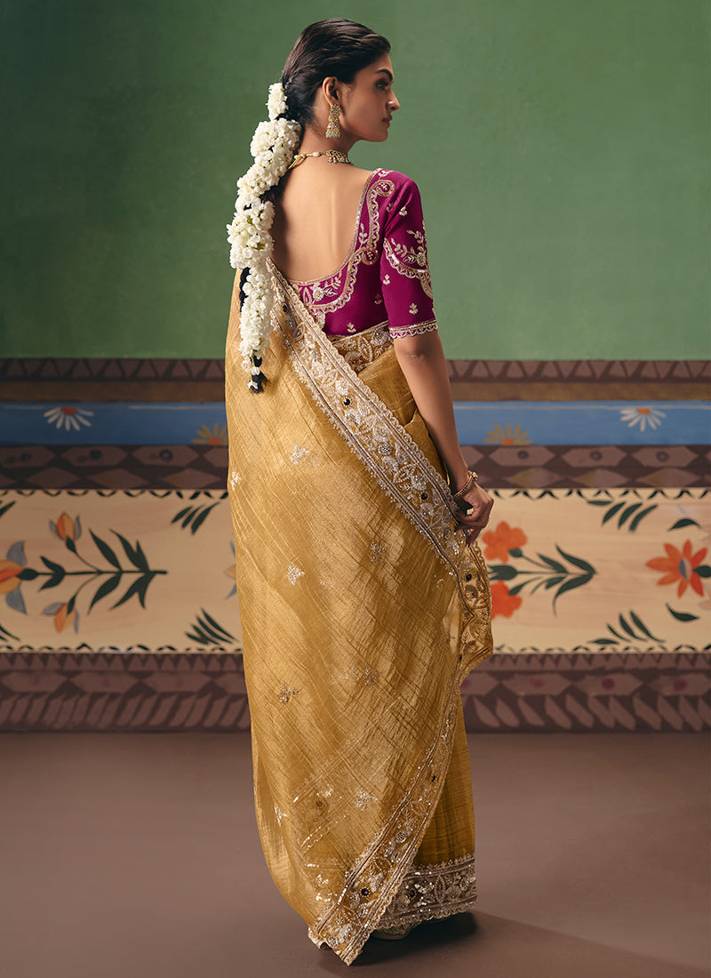 Yellow Fancy Embroidery Work Wedding Wear Saree SW923392