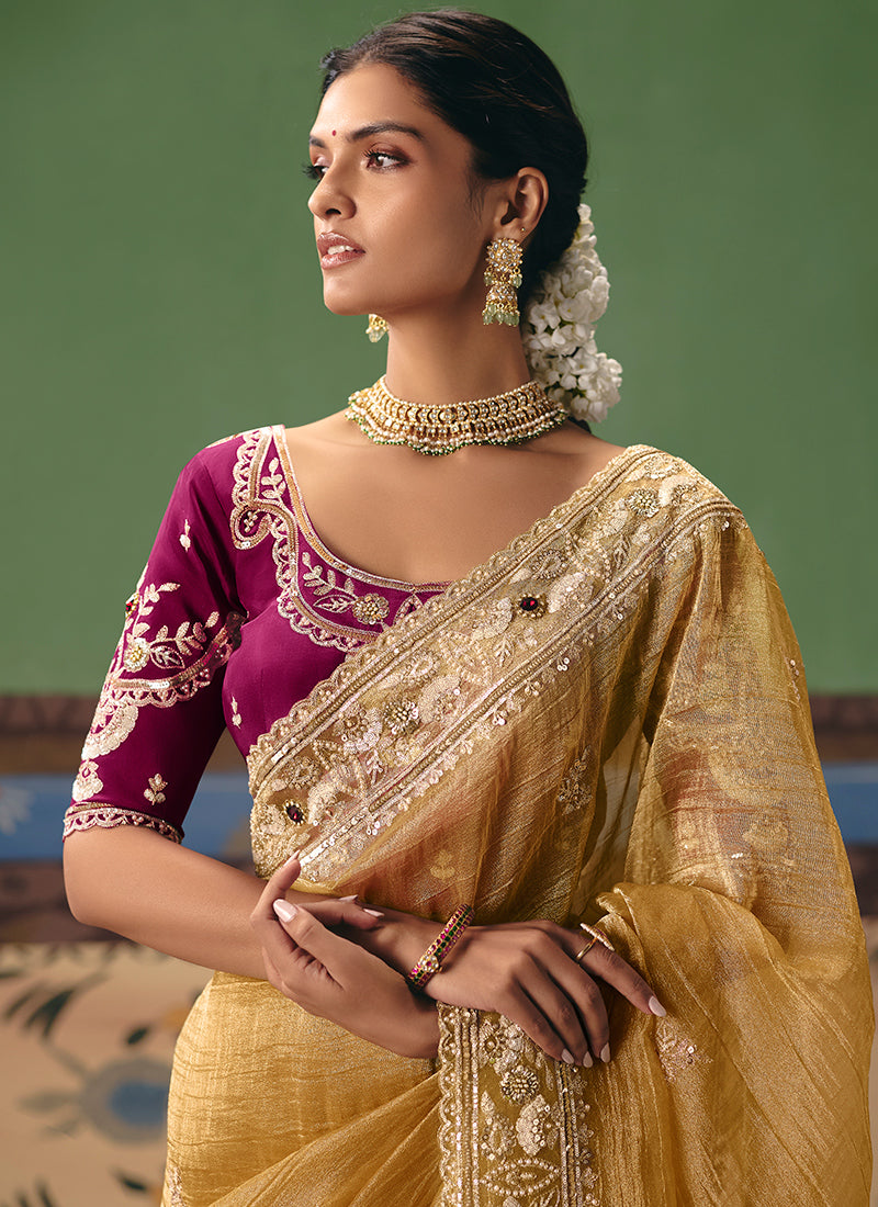 Yellow Fancy Embroidery Work Wedding Wear Saree SW923392