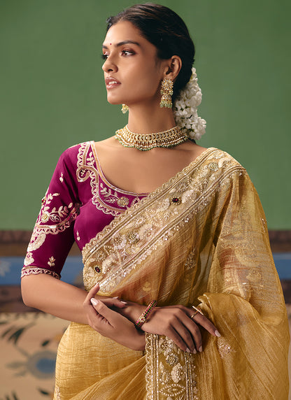Yellow Fancy Embroidery Work Wedding Wear Saree SW923392