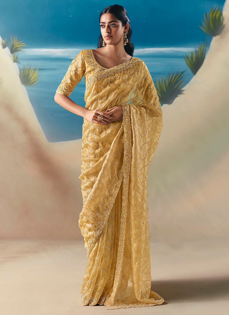 Fancy Yellow Saree with Sequins Work for Wedding Wear 385413