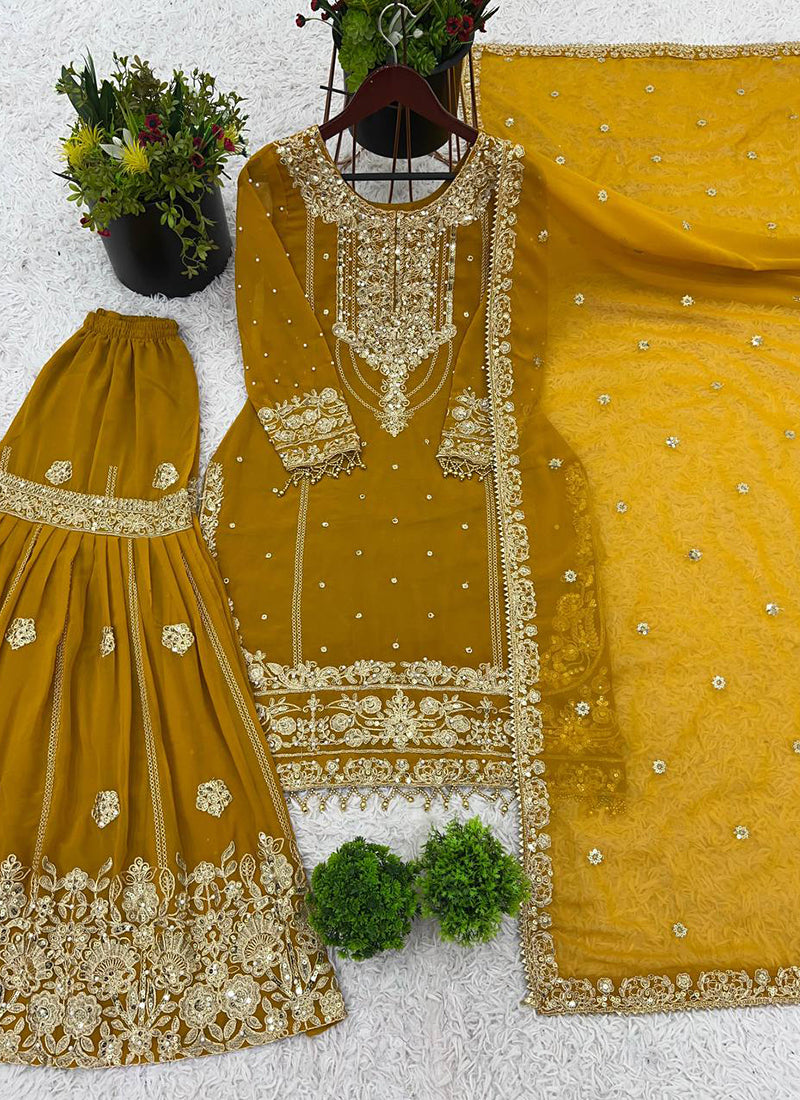 Faux Georgette Yellow Festival Wear Embroidery Work Readymade Sharara Suit 384994