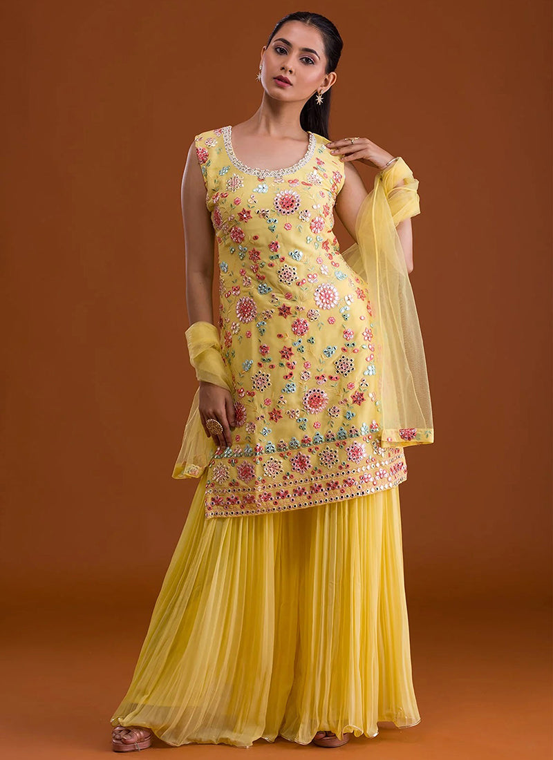 Faux Georgette Yellow Festival Wear Thread Embroidery Work Sharara Suit 382770
