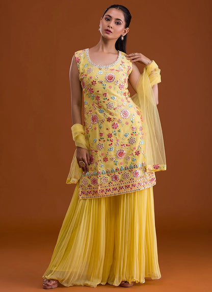 Faux Georgette Yellow Festival Wear Thread Embroidery Work Sharara Suit 382770
