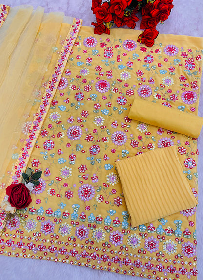 Faux Georgette Yellow Festival Wear Thread Embroidery Work Sharara Suit 382770