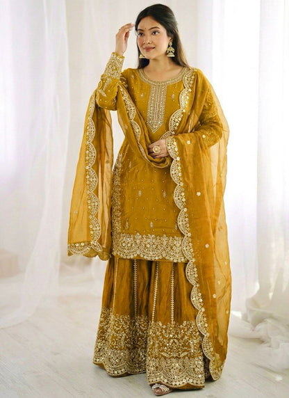 Yellow Fendy Silk Embroidery Work Occasional Wear Readymade Plazzo Suit SW981887