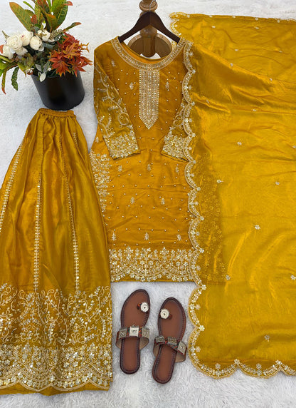 Yellow Fendy Silk Embroidery Work Occasional Wear Readymade Plazzo Suit SW981887